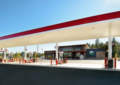 exterior of Lancaster Market and covered gas pumps